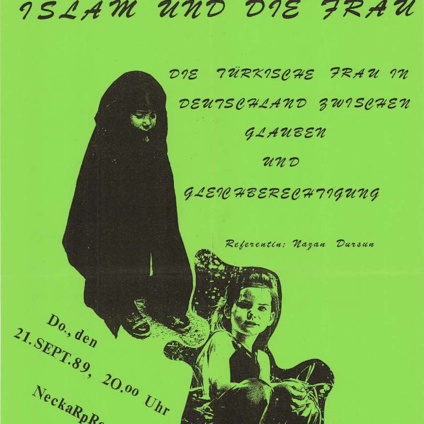 Grünes Plakat über Islam und Frauen